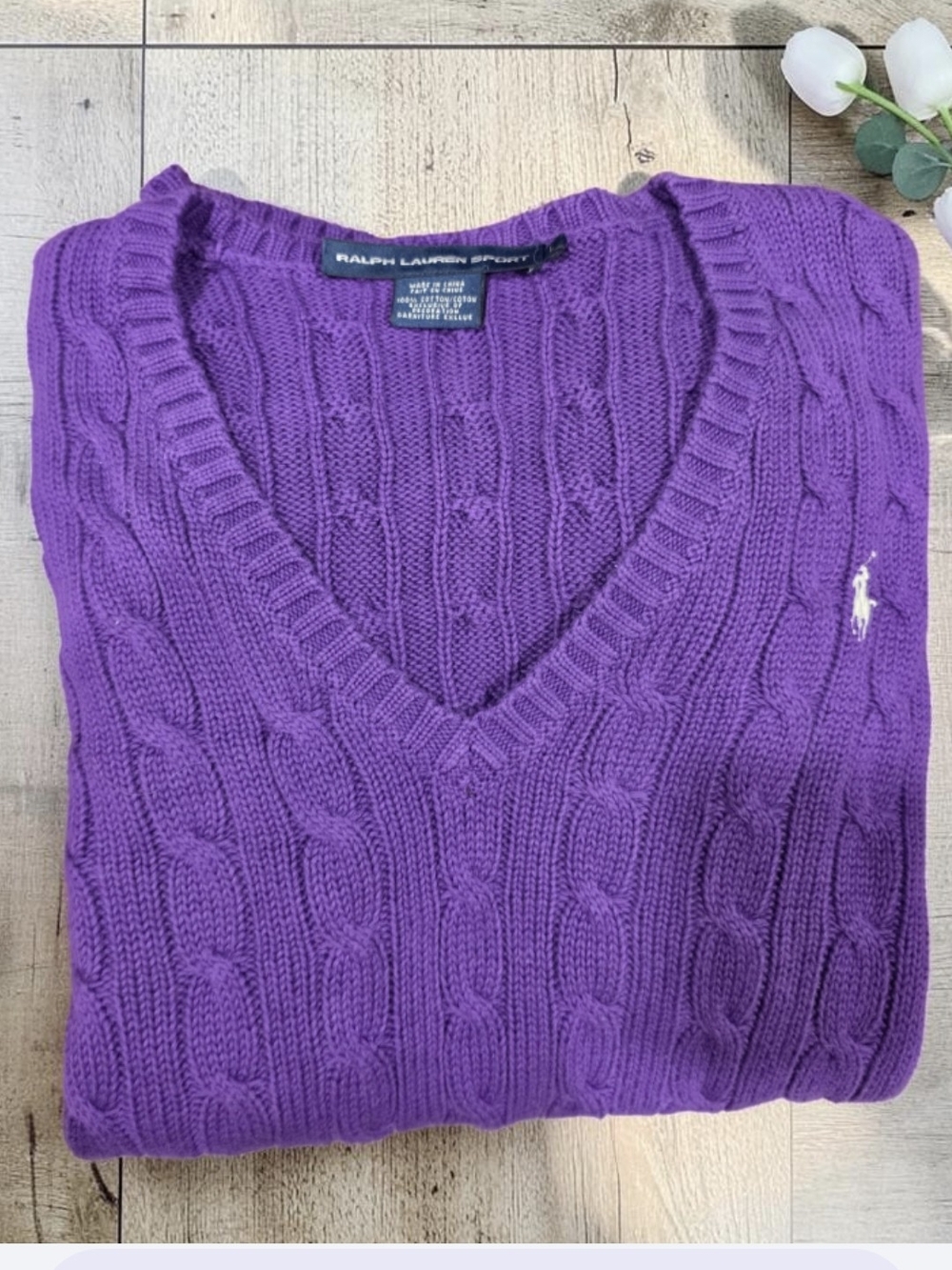 Ralph Lauren Women's Purple Cable-Knit V-Neck Sweater with Polo Logo Size-L